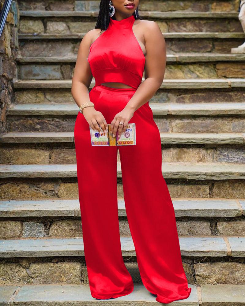 Solid Halter Crop Top & Wide Leg Pants Set-Pinkami
