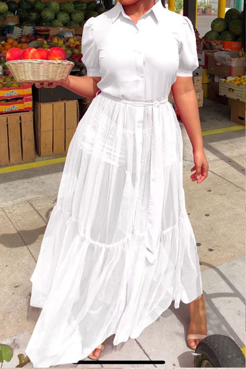 Pleated Contrast Mesh Maxi Shirt Dress