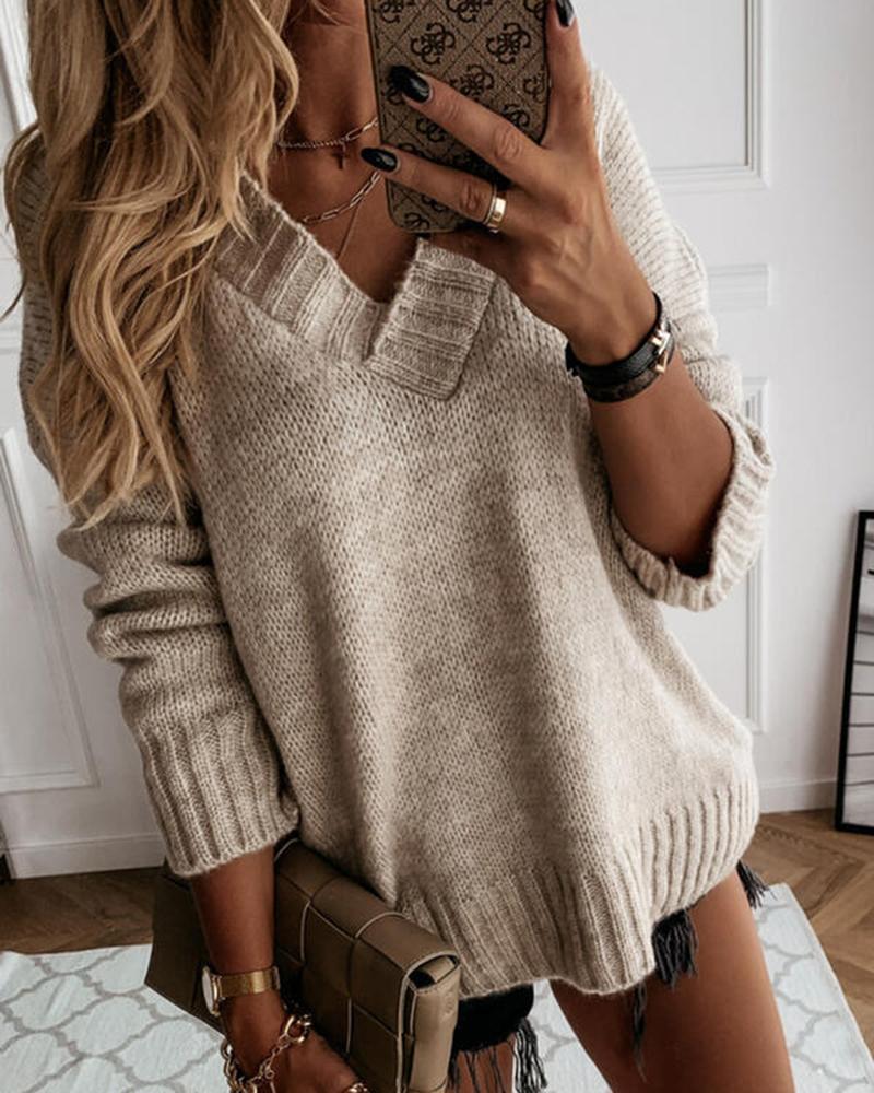 Solid V Neck Oversized Sweater-Pinkami