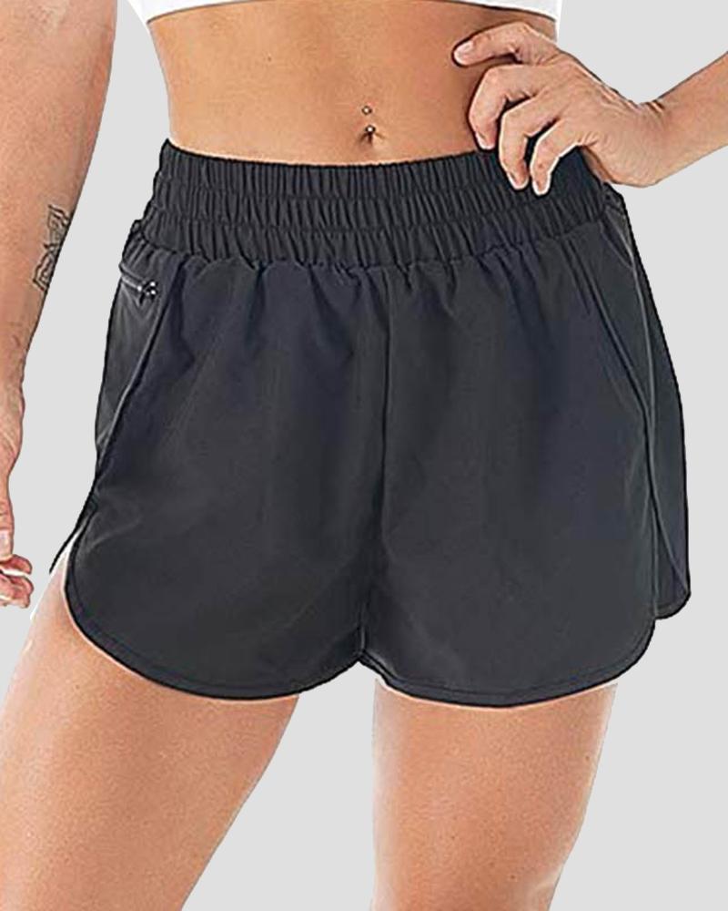 Pocket Decor Overlap Hem High Waist Sports Shorts-Pinkami