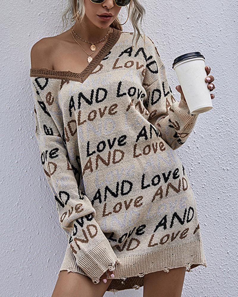 Letter Print Drop Shoulder Raw Hem Sweater-Pinkami