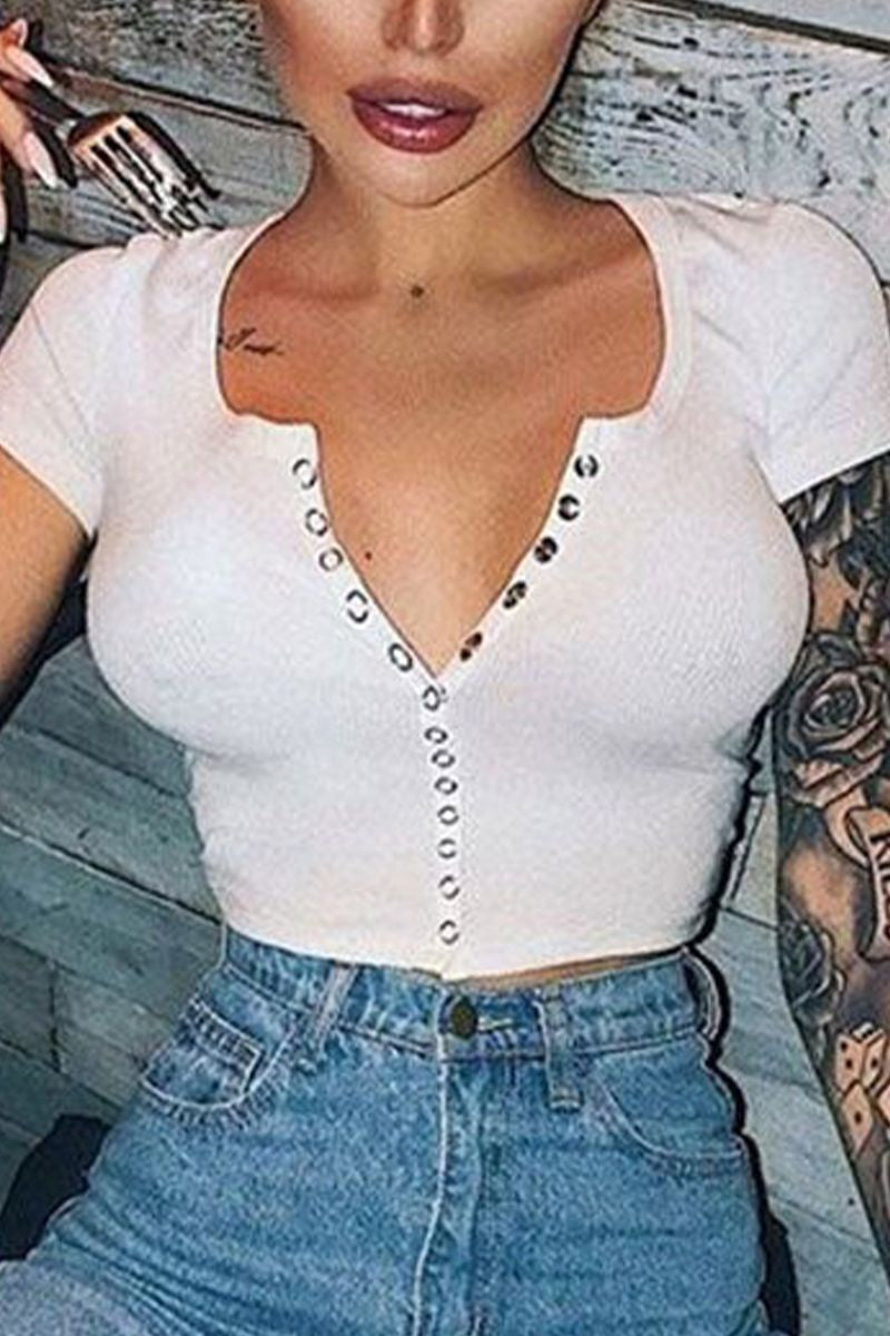 Button Through Ribbed Crop T-Shirt-Pinkami