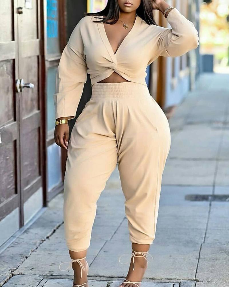 Solid Twist Plunging Neck Crop Top & Pants Set-Pinkami
