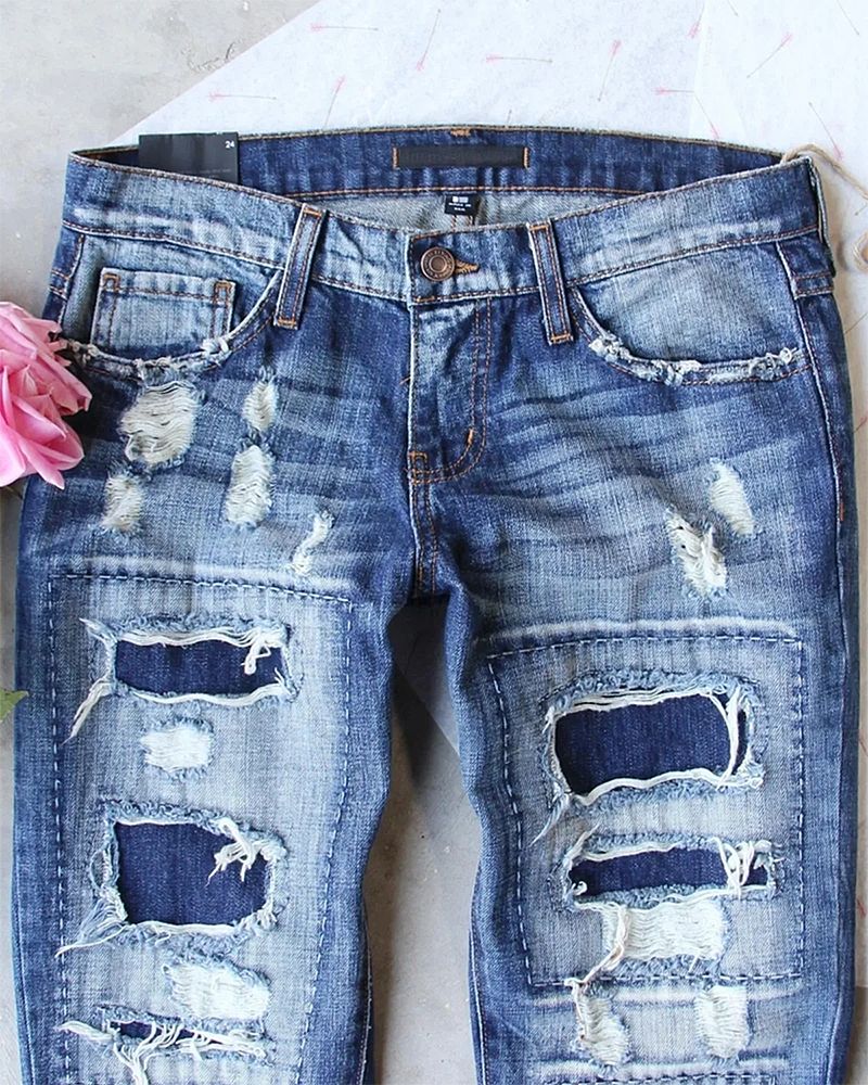 Ladder Distressed Patched Low Waist Jeans-Pinkami