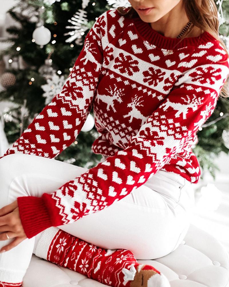 Elk & Snowflake Print Contrast Binding Ribbed Sweater-Pinkami