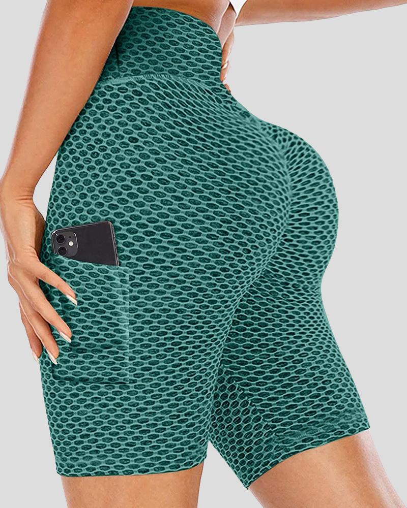 Solid Textured Pocket Decor Butt Lifting Sports Shorts-Pinkami