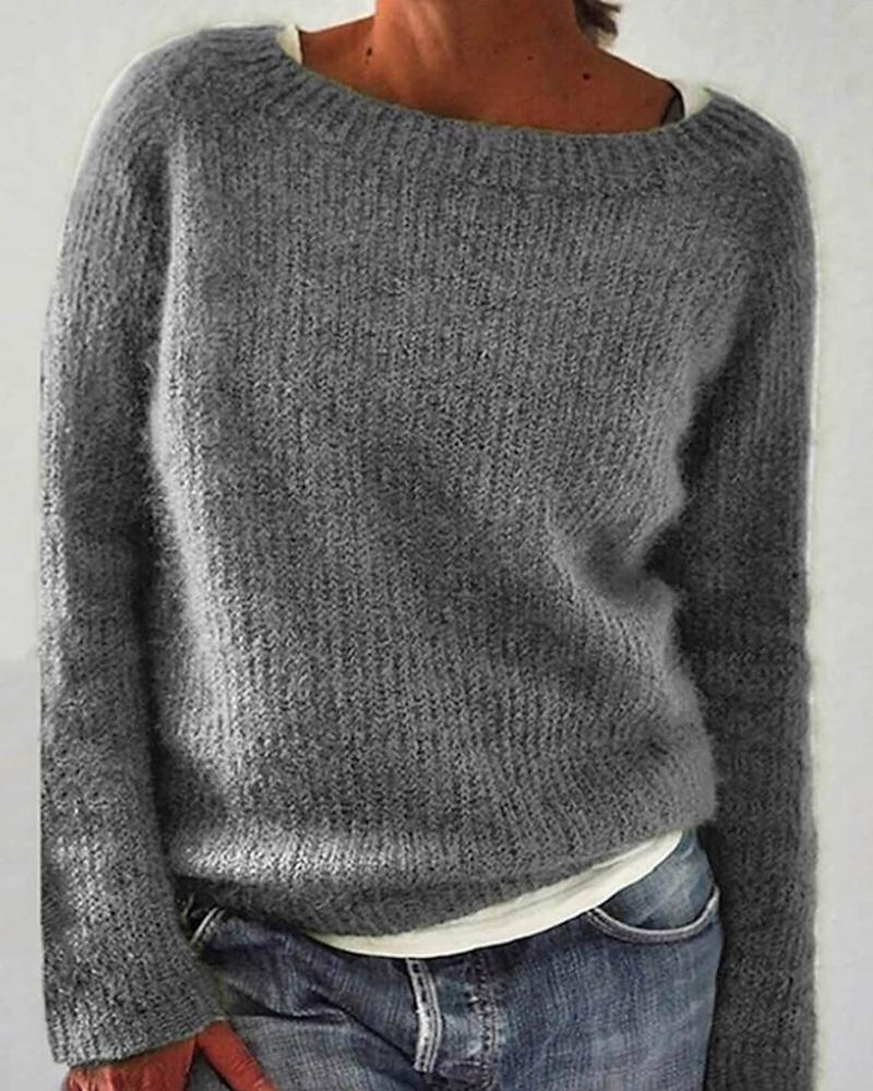 Solid Ribbed Round Neck Sweater-Pinkami