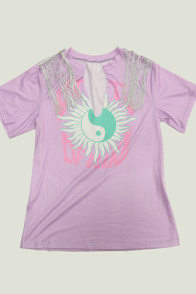 Letter & Graphic Print Split Side T-Shirt-Pinkami