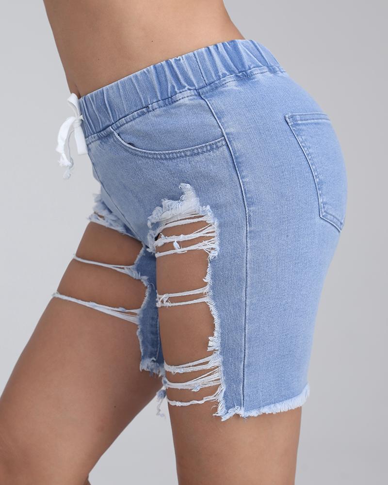 Women Drawstring Waist Distressed Raw Hem Denim Shorts-Pinkami