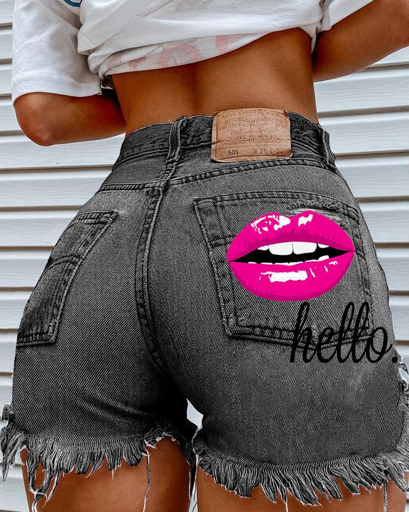 Women Lips & Letter Print Raw Edge Denim Shorts-Pinkami