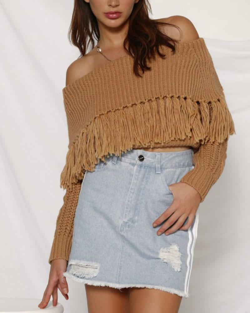 Off Shoulder Fringe Trim Mixed Knit Sweater-Pinkami