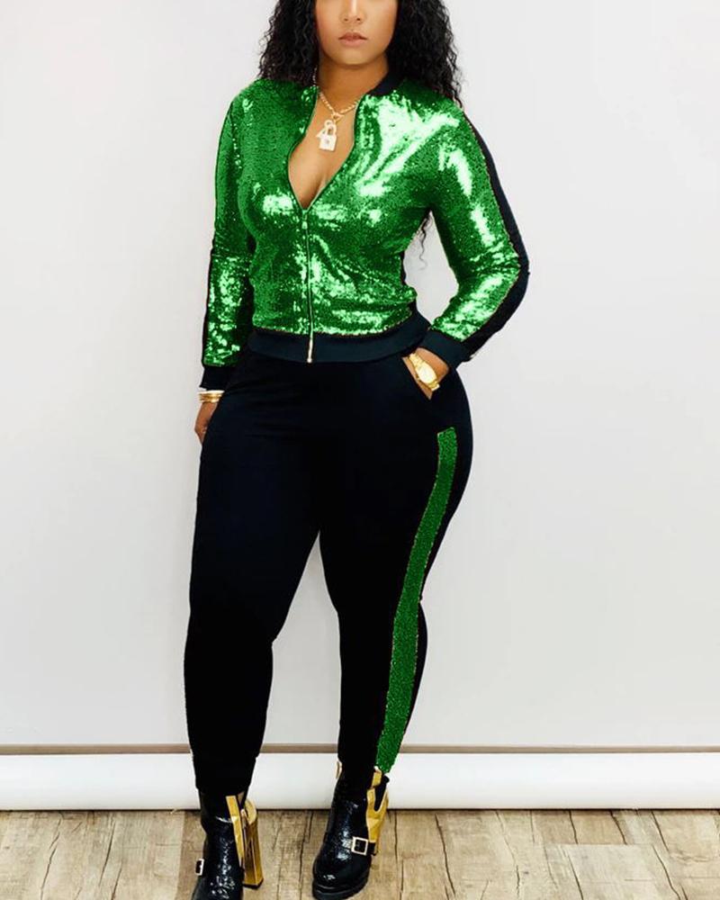 Colorblock Metallic Zip Front Jacket & Pants Set