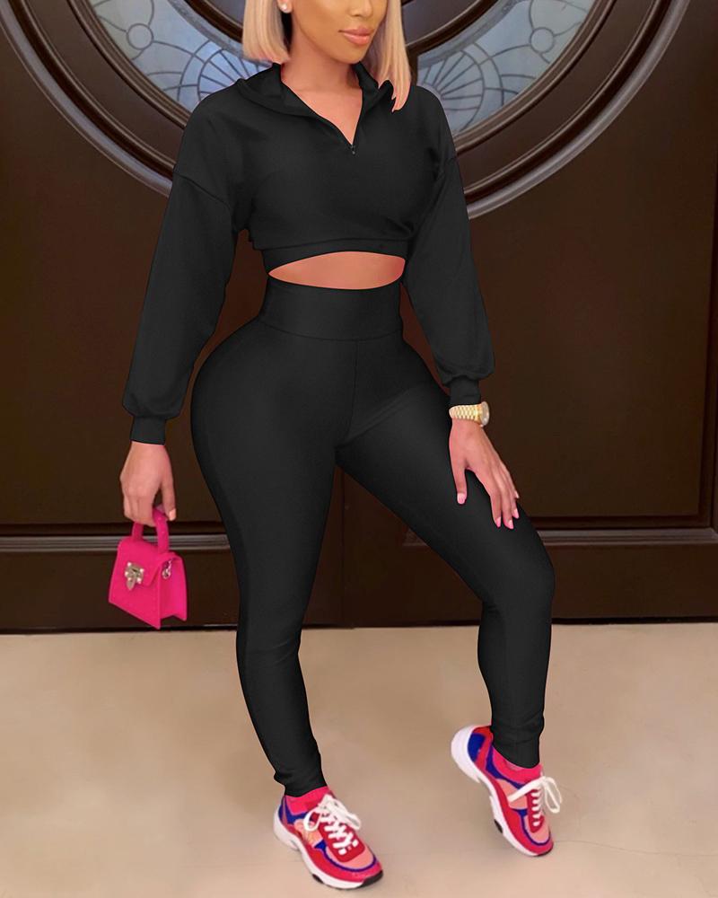 Solid Zip Front Crop Top & Skinny Pants Set