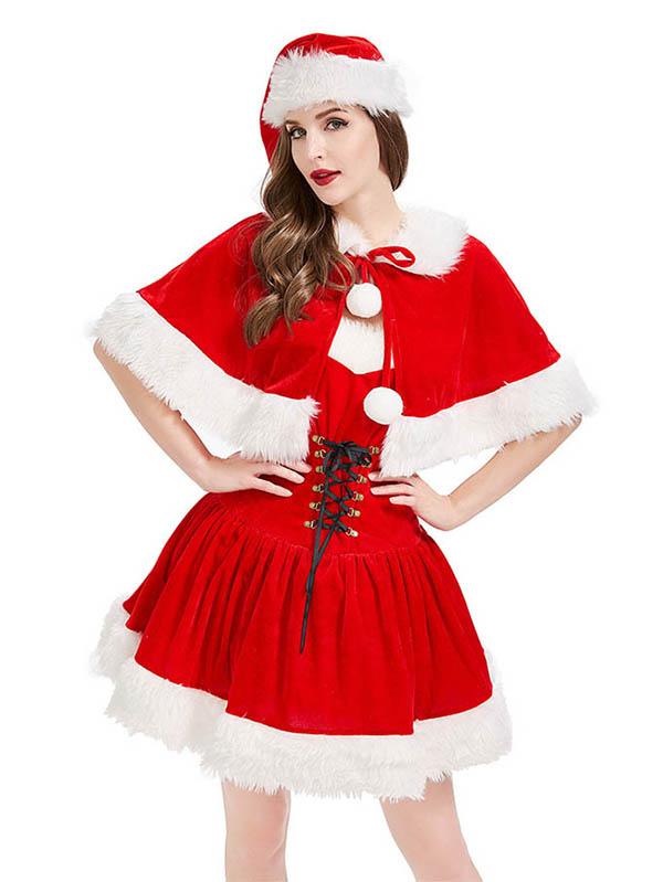 Mrs Claus Costume Cute Santa Dress Womens Christmas Cloak Skirt-Pinkami