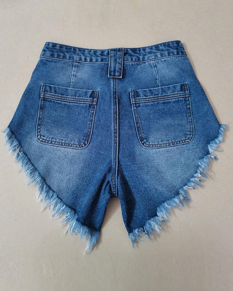 Women Solid Asymmetrical Raw Hem Zip Fly High Waist Demin Shorts-Pinkami