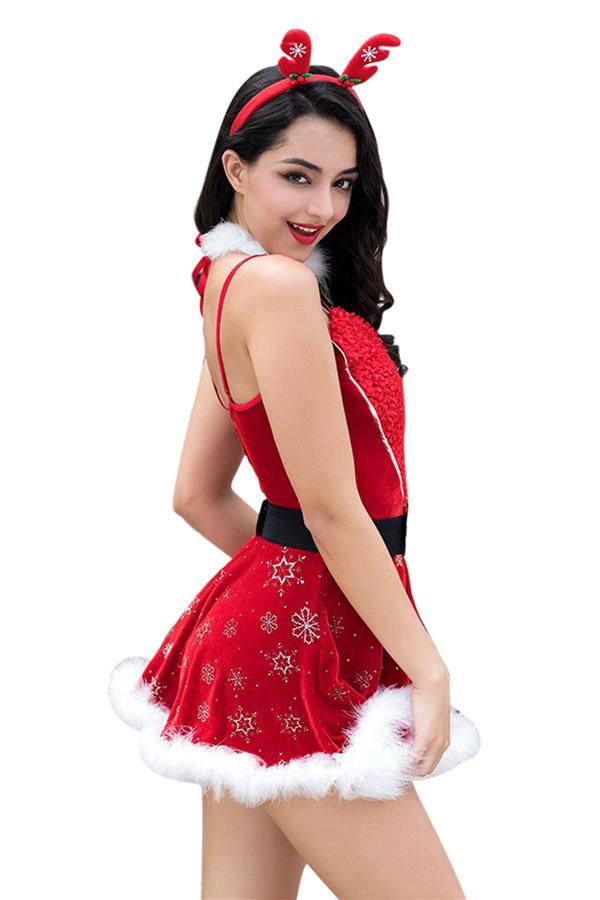 Sexy Miss Santa Mini Dress Christmas Costume Red-Pinkami