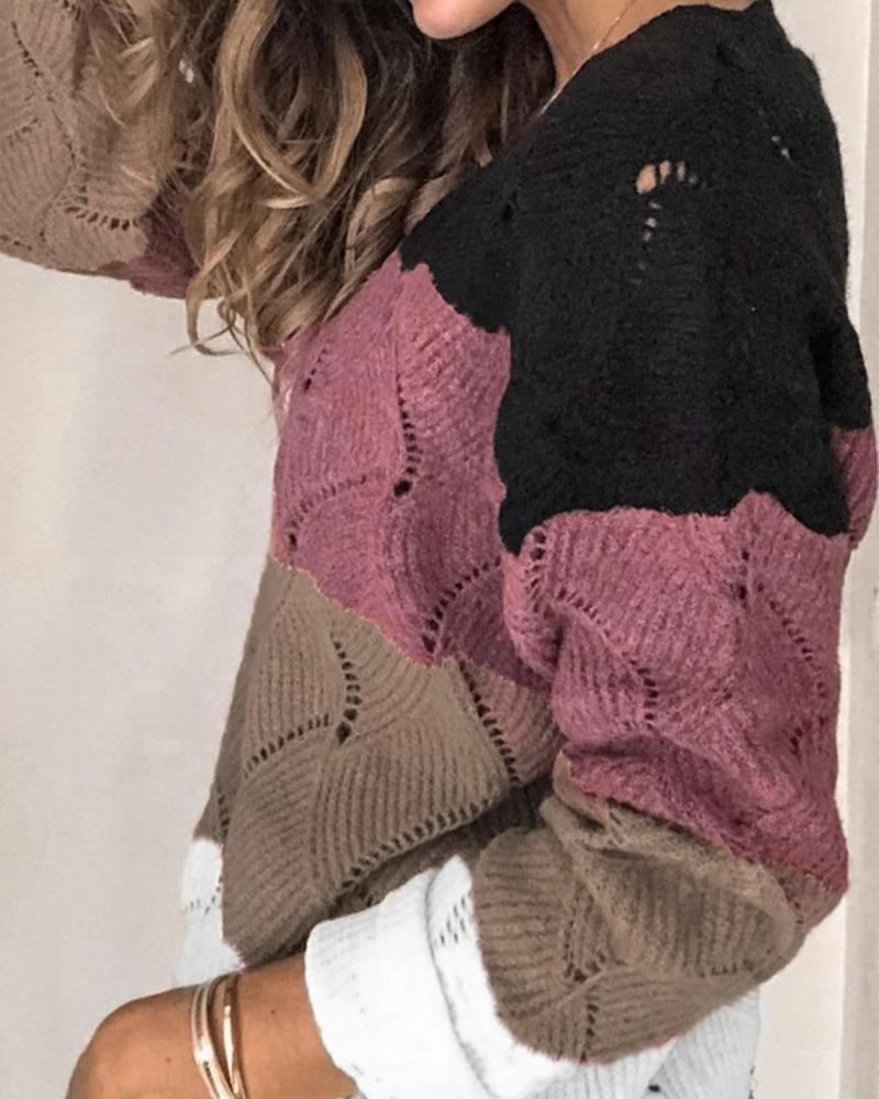 Colorblock Pointelle Knit V Neck Sweater-Pinkami