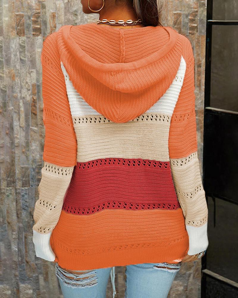 Colorblock Lace Up Pointelle Knit Hooded Sweater-Pinkami