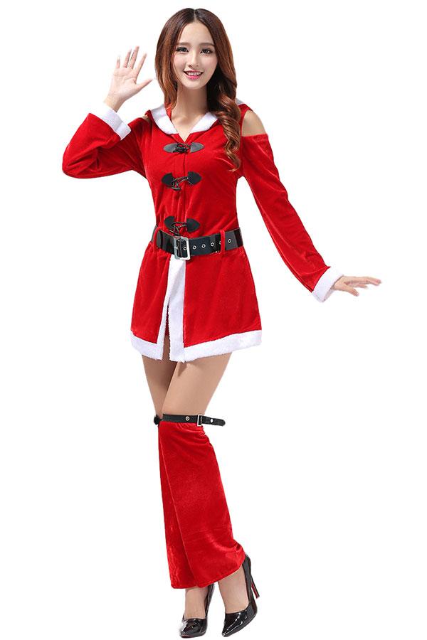 Womens Cold Shoulder Hooded Long Sleeve Christmas Santa Costume Red-Pinkami