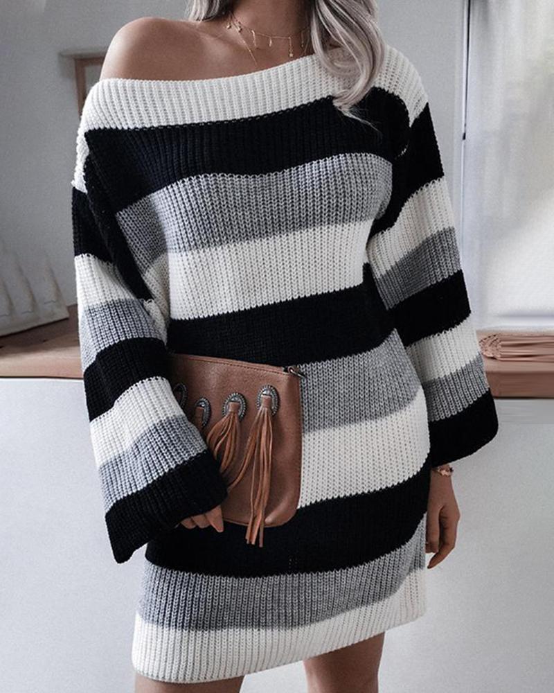 Striped Chunky Knit Boat Neck Sweater-Pinkami