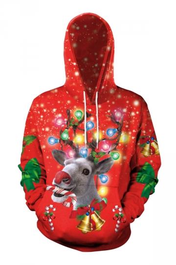 Funny Christmas Reindeer Print Hoodie Coral-Pinkami