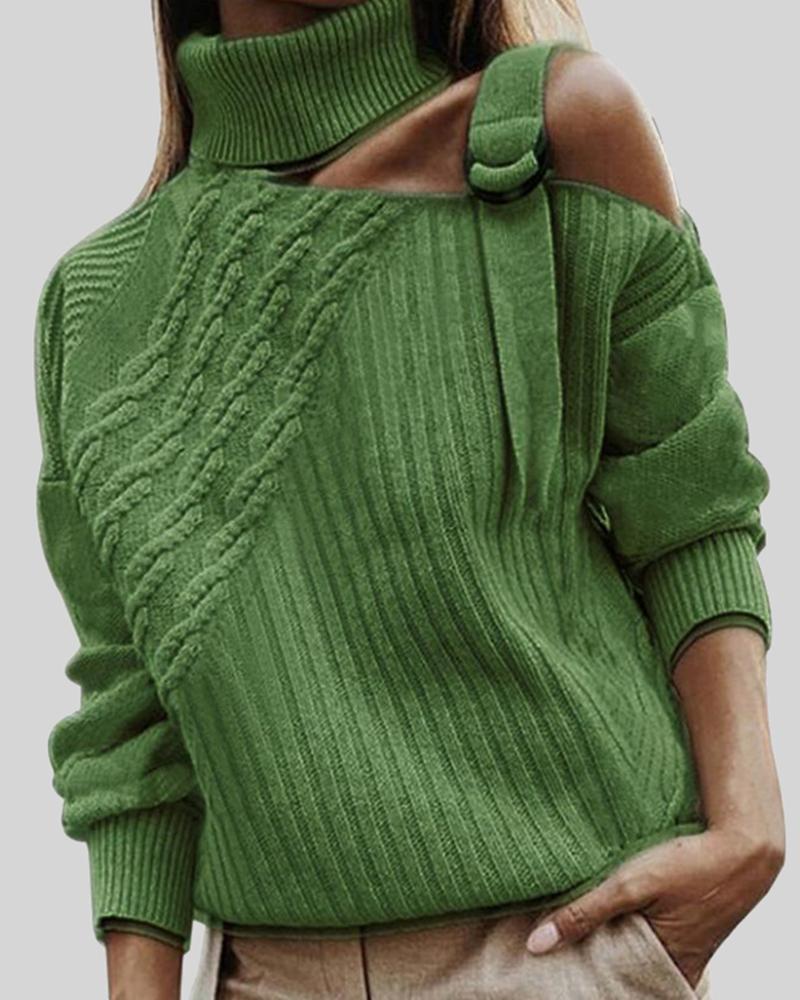 Turtleneck Mixed Knit Buckle Decor Cutout Sweater-Pinkami