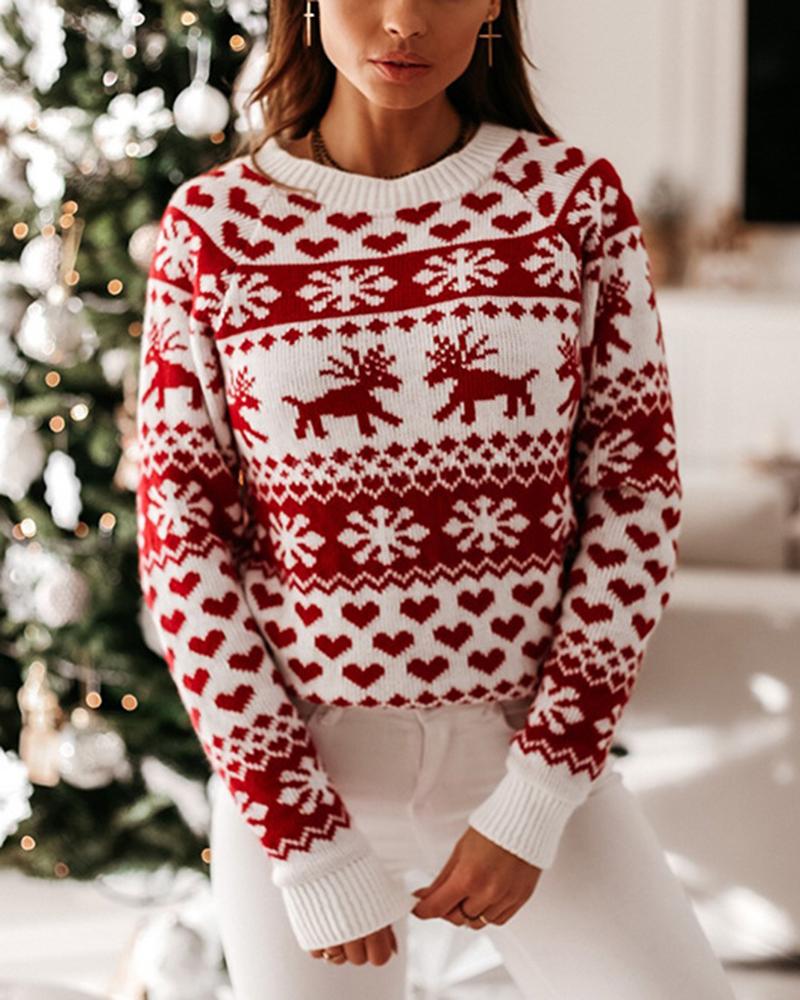 Elk & Snowflake Print Contrast Binding Ribbed Sweater-Pinkami