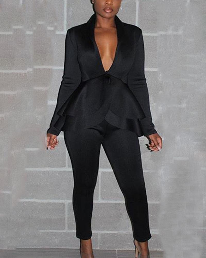 Solid Tiered Layer Ruffle Hem Blazer & Pants Set-Pinkami
