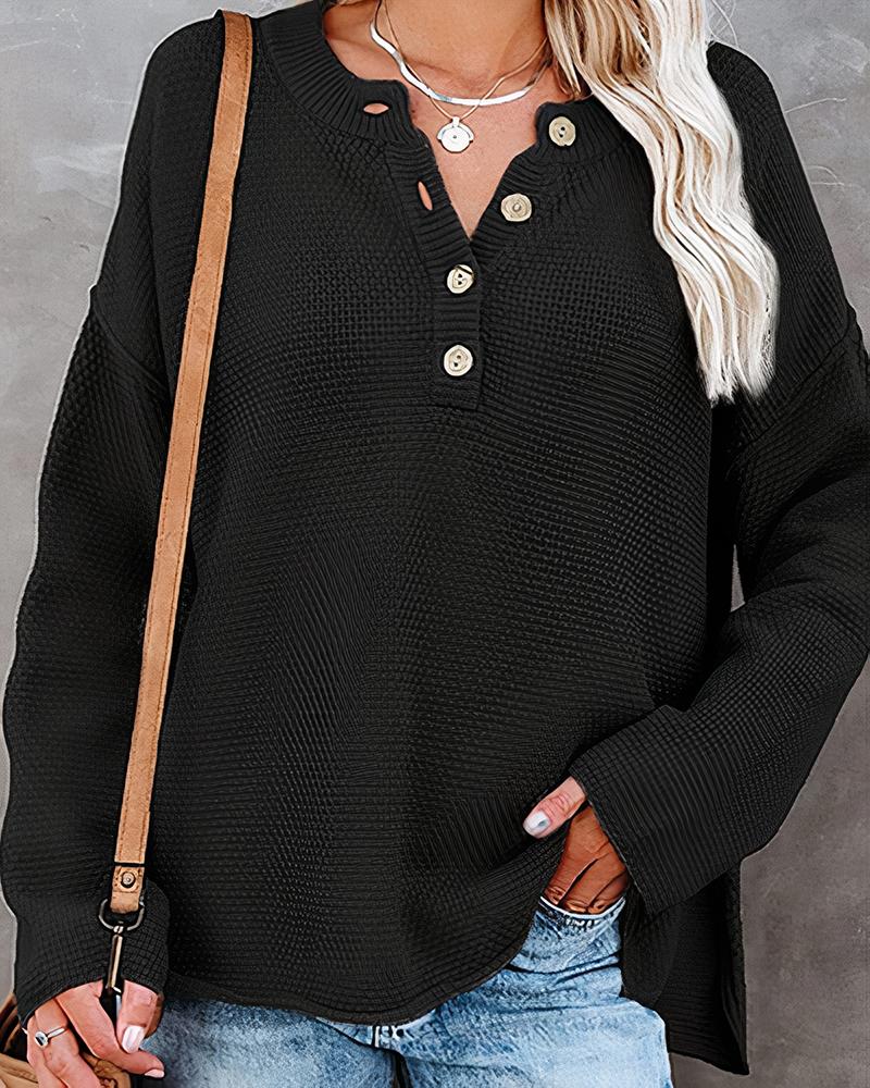 Solid Waffle Knit Topstitching Split Hem Button Detail Sweater-Pinkami