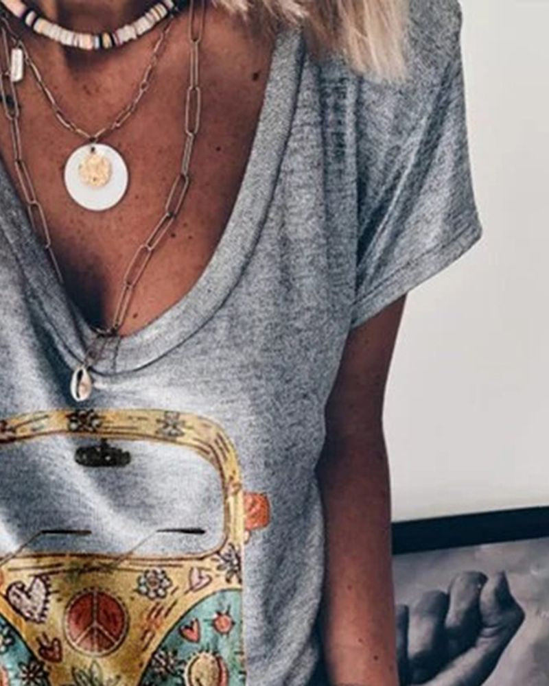 Car Print Marled Knit V Neck T-Shirt-Pinkami