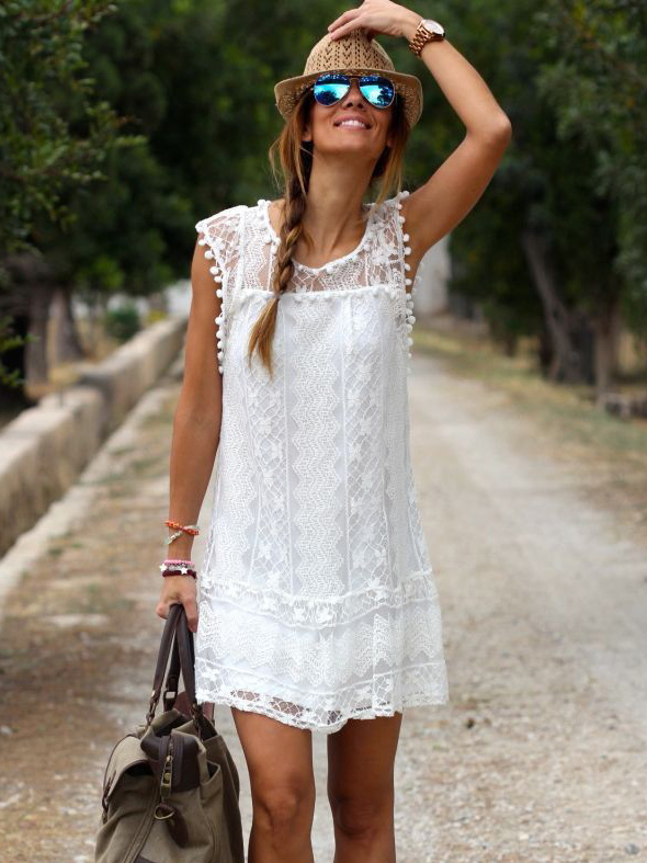 White Sleeveless Lace Sheer Bohemian Short Summer Dress