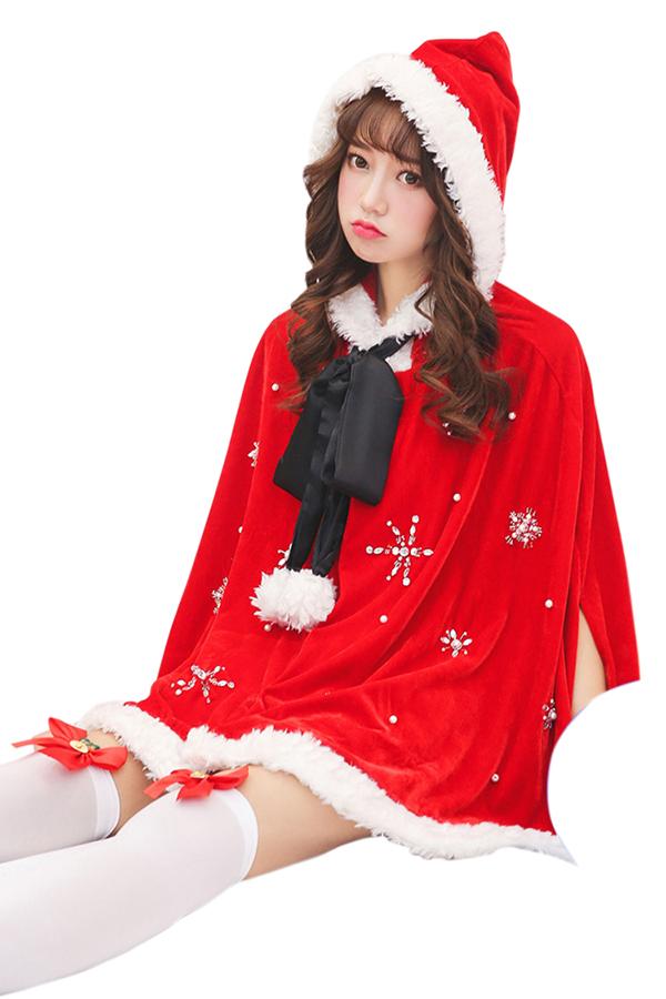 Womens Cute Bowknot Collar Hooded Cloak Santa Christmas Costume Red-Pinkami