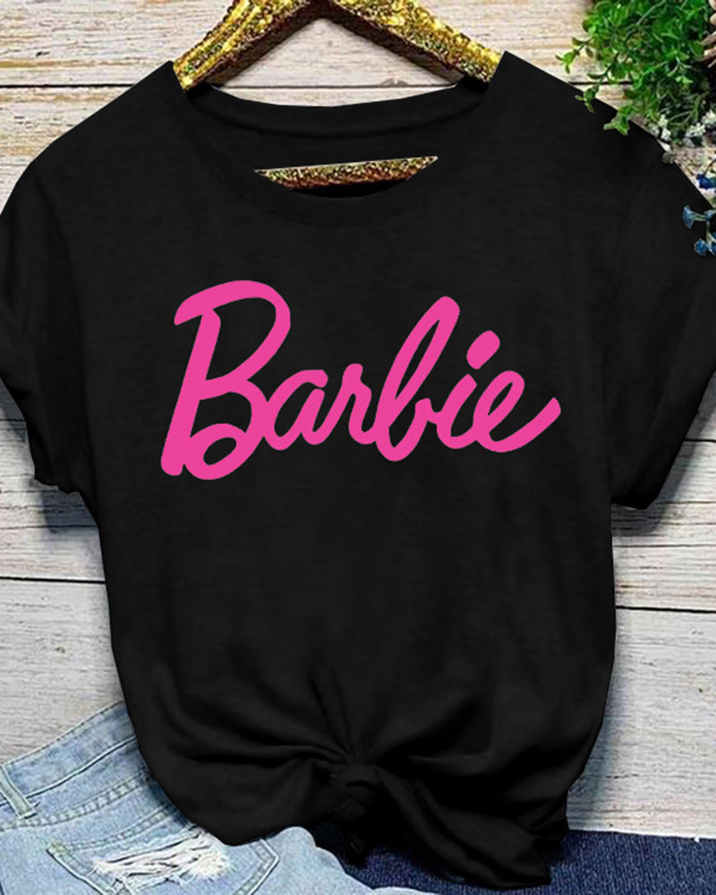 Letter Print Round Neck Short Sleeve T-Shirt-Pinkami