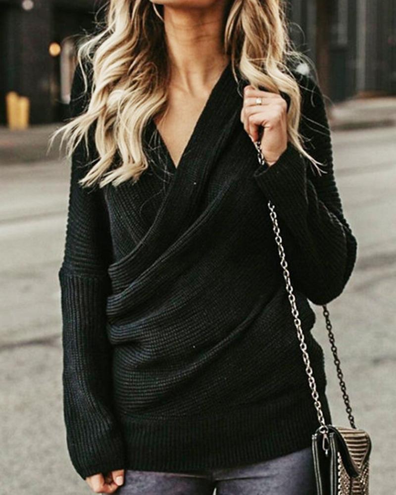 Solid Chunky Knit Ruched Surplice Neck Sweater-Pinkami