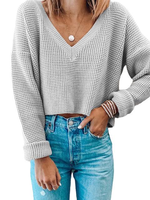 Solid Colored V-neck Pullover Short Sweater Jumper-Pinkami