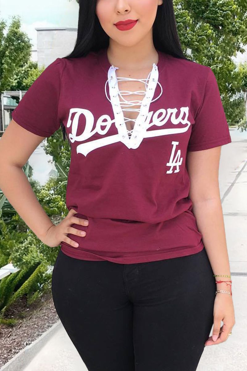 Letter Print Eyelet Lace Up T-Shirt-Pinkami