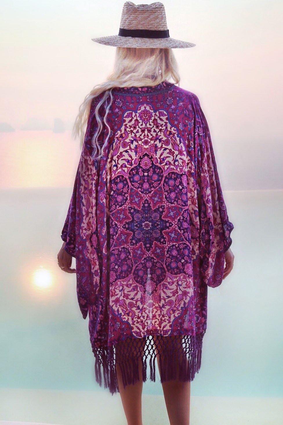 Purple Tassel Tribal Print Kimono Sexy Beach Chiffon Cover Up Cardigan-Pinkami