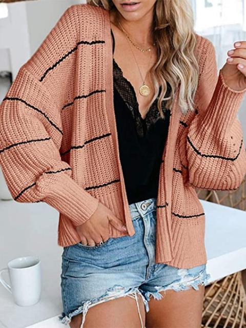 Striped Long Sleeve Loose Sweater Cardigan-Pinkami