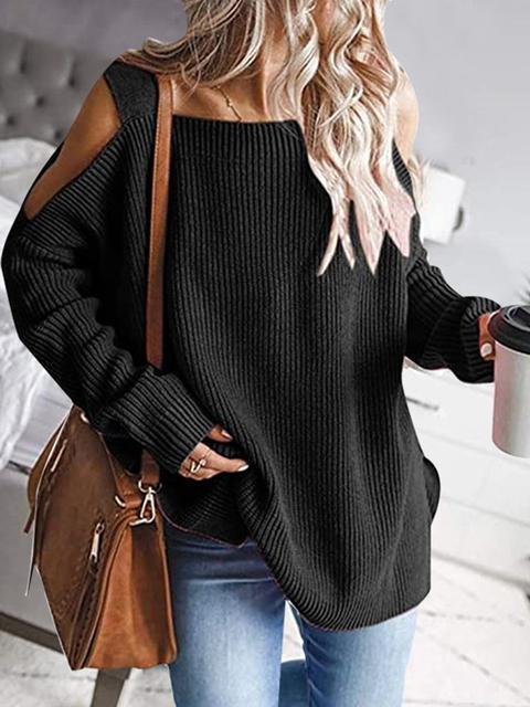 Solid Color Cold shoulder Knit Sweater-Pinkami