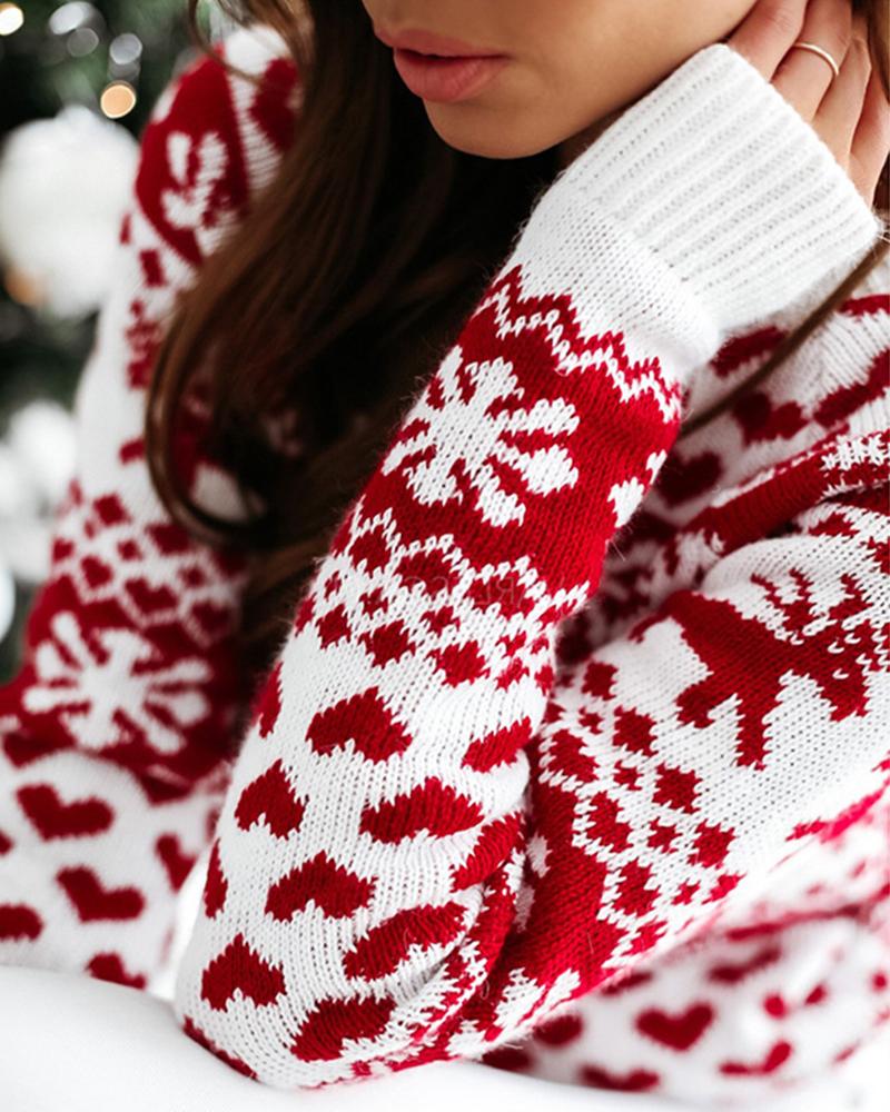 Elk & Snowflake Print Contrast Binding Ribbed Sweater-Pinkami