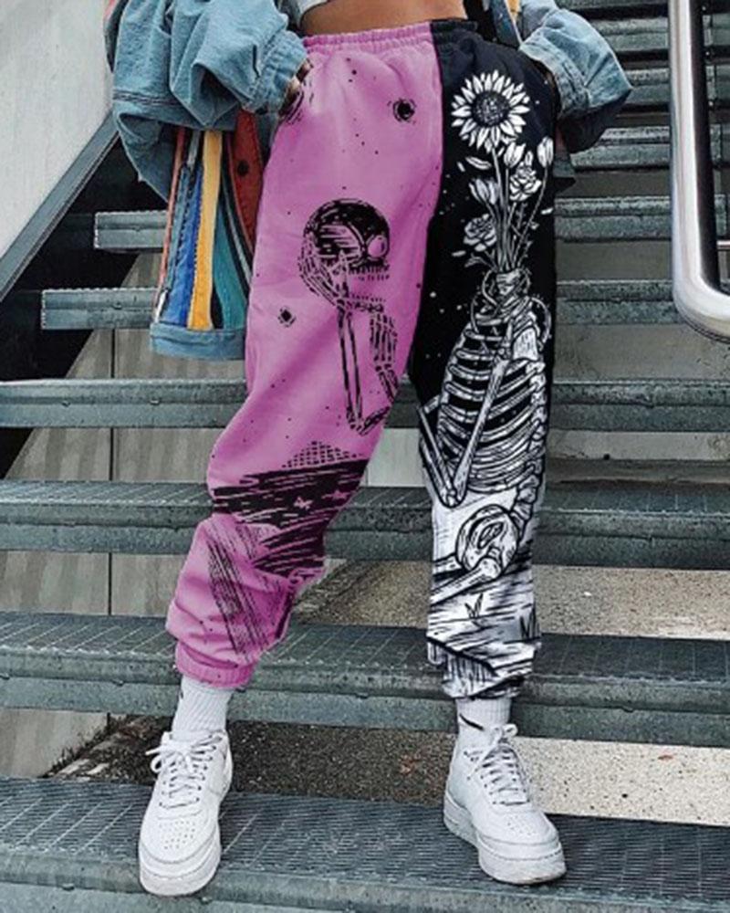 Colorblock & Floral Print Pocket Side High Waist Sports Pants For Women-Pinkami