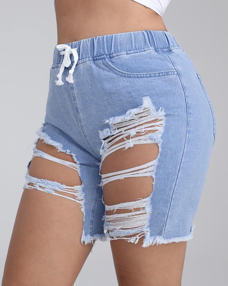 Women Drawstring Waist Distressed Raw Hem Denim Shorts-Pinkami
