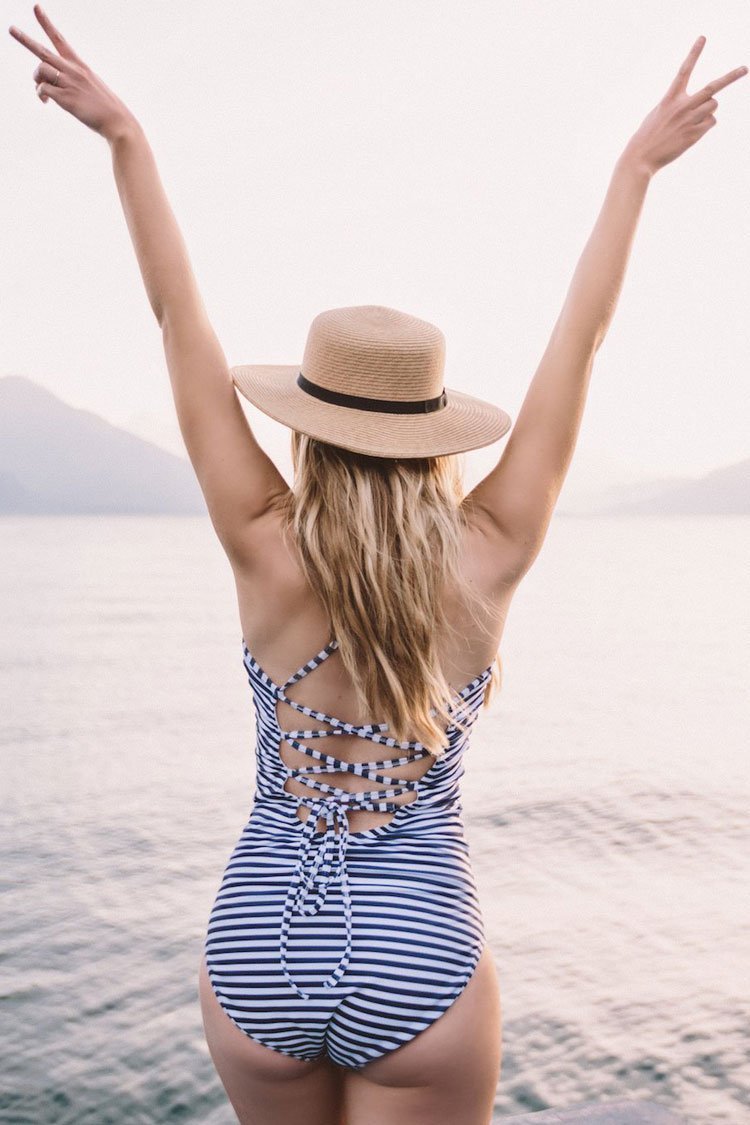 Blue Vintage Striped High Neck One Piece Swimsuit