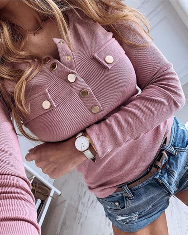 Solid Rib-Knit Button Front Long Sleeve Square Neck Top-Pinkami