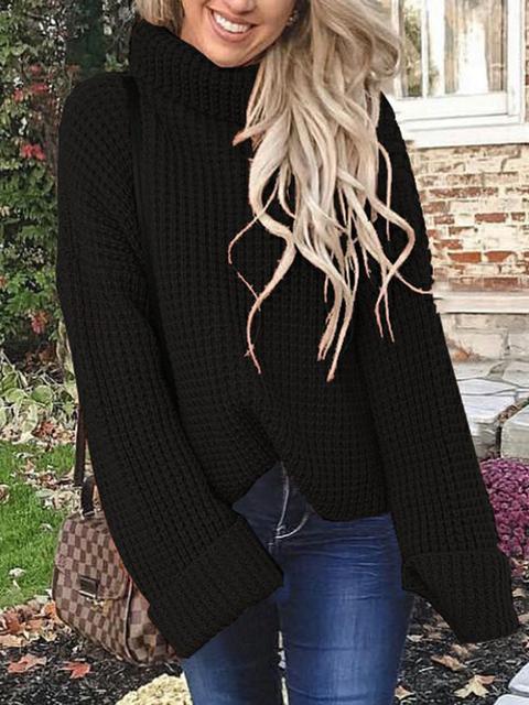 Casual Solid Color Knitted Turtleneck Sweater-Pinkami