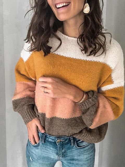 Striped Long Sleeve Pullover Sweater Jumper-Pinkami