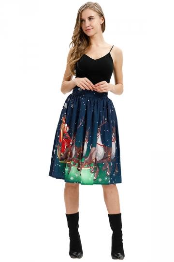 High Waisted Reindeer Print Midi Christmas Pleated Skirt Navy Blue-Pinkami