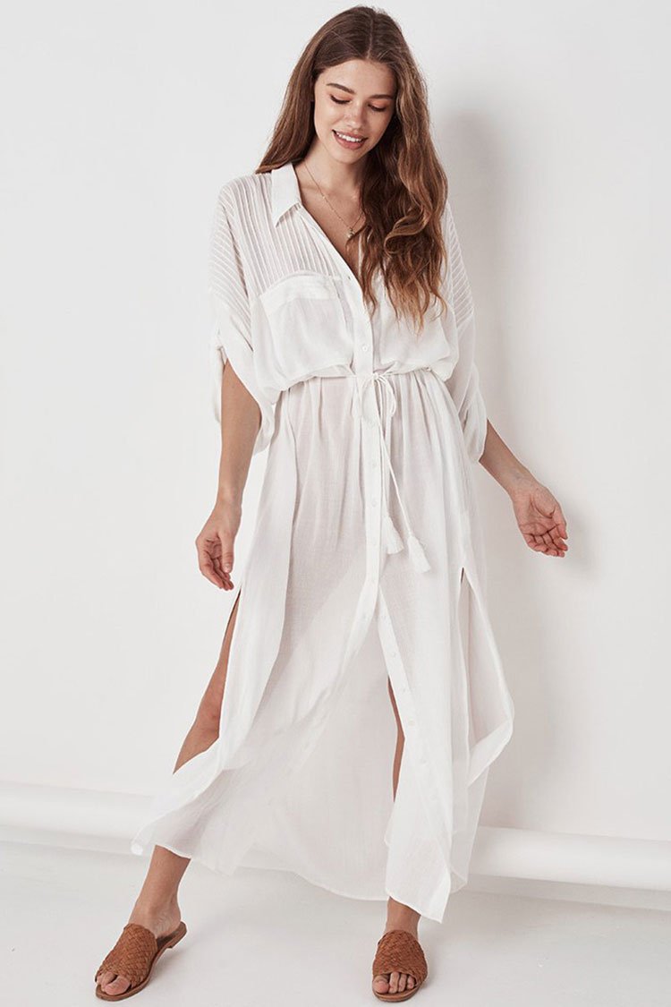 Striped Half Sleeve Patch Pocket Side Split Maxi Cover Up-Pinkami