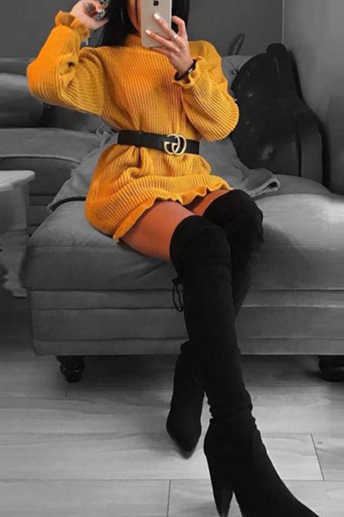 Ruffled High Neck Bag Hip Sweater-Pinkami