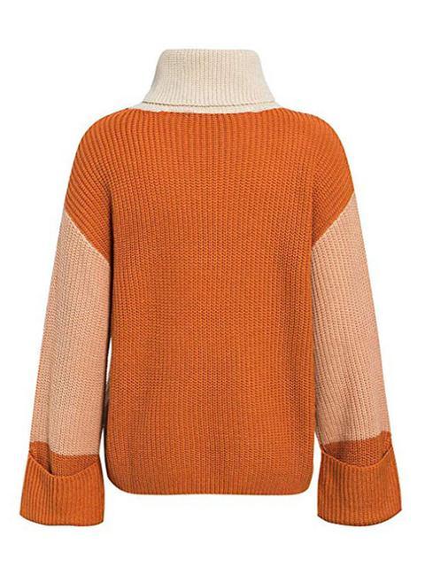 Color Block Loose Funnel Neck Sweater-Pinkami